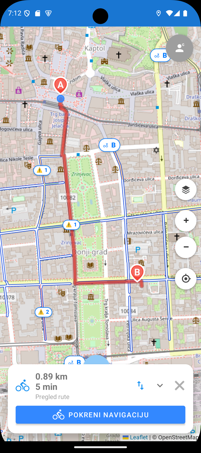 BajsRoute prikazuje planiranu biciklističku rutu kroz centar Zagreba s obojenim stazama i Bajs stanicama