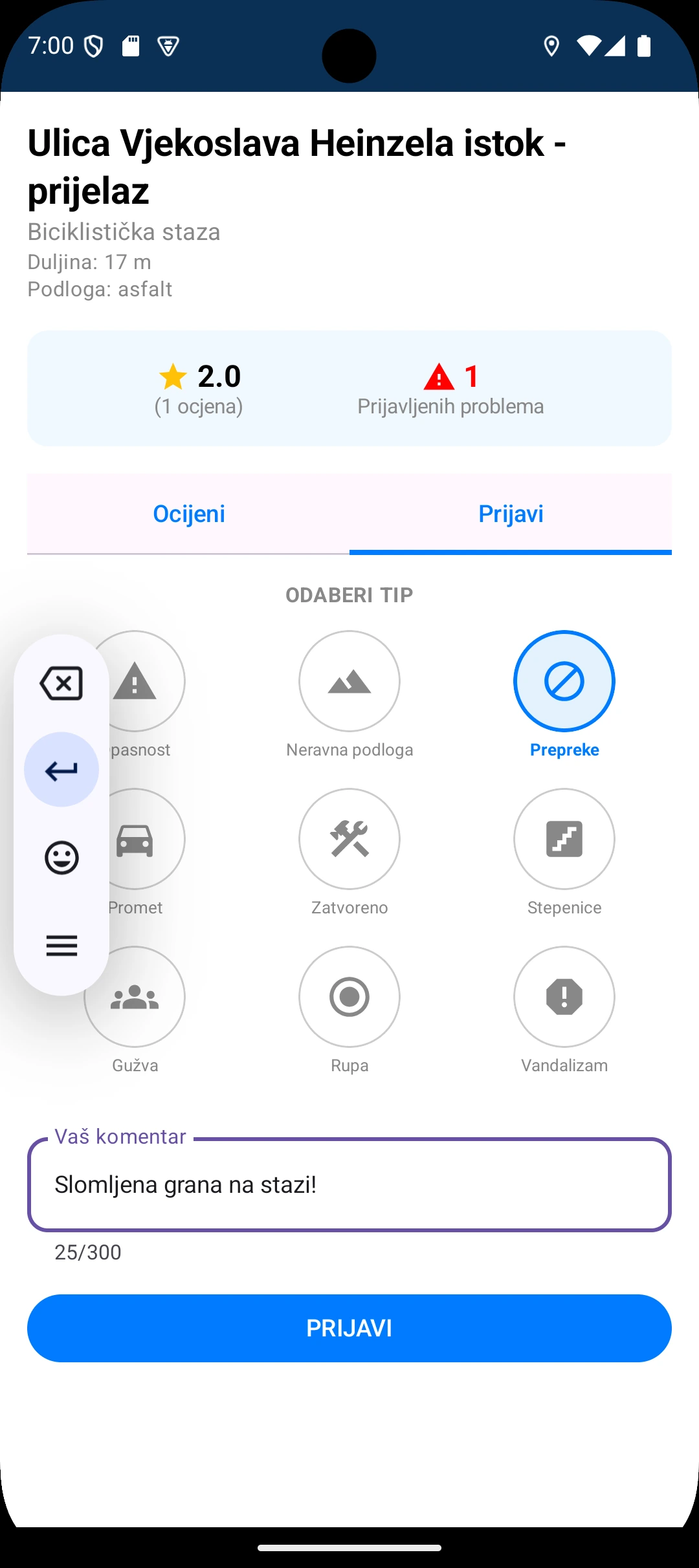 Obrazac za prijavu problema na dionici staze