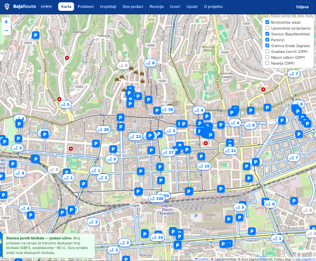Administrativno sučelje BajsRoute – detalj s Bajs stanicama