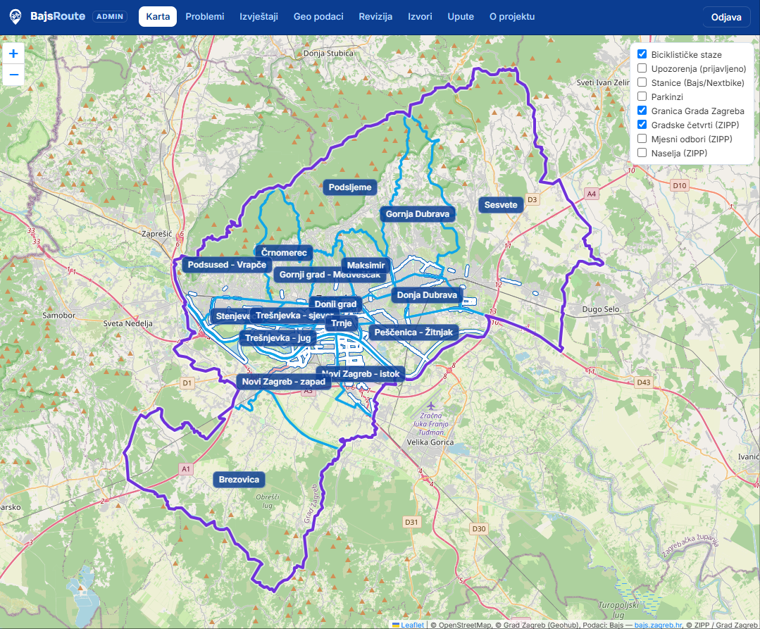 Administrativno sučelje BajsRoute – karta Grada Zagreba