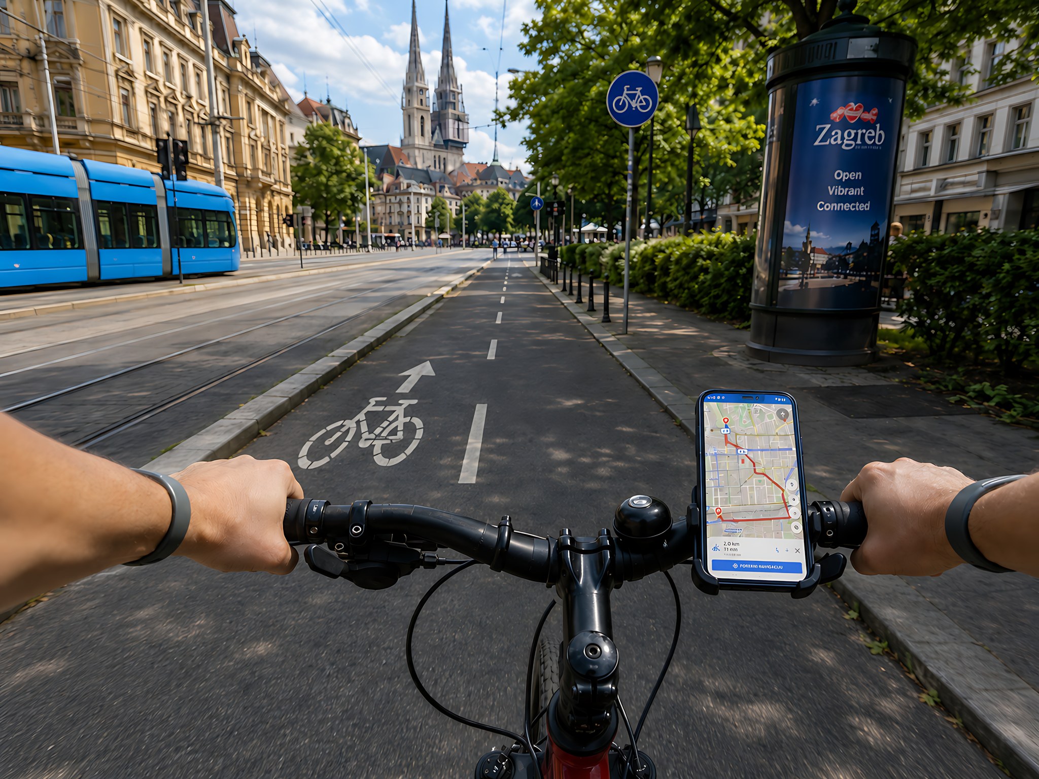 Ilustracija: biciklist u Zagrebu s aplikacijom BajsRoute na upravljaču